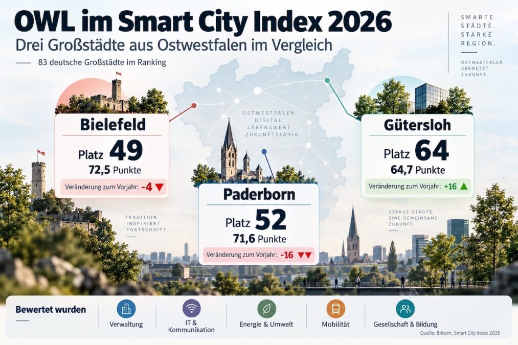OWL digital nur Mittelmaß: Paderborn fällt zurück, Gütersloh holt auf 2 OWL im Smart City Index 2026