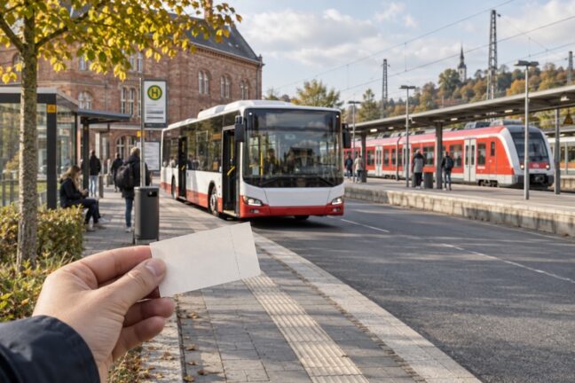 Hand mit Fahrkarte vor einem Linienbus und einem Regionalzug an einem Bahnhof