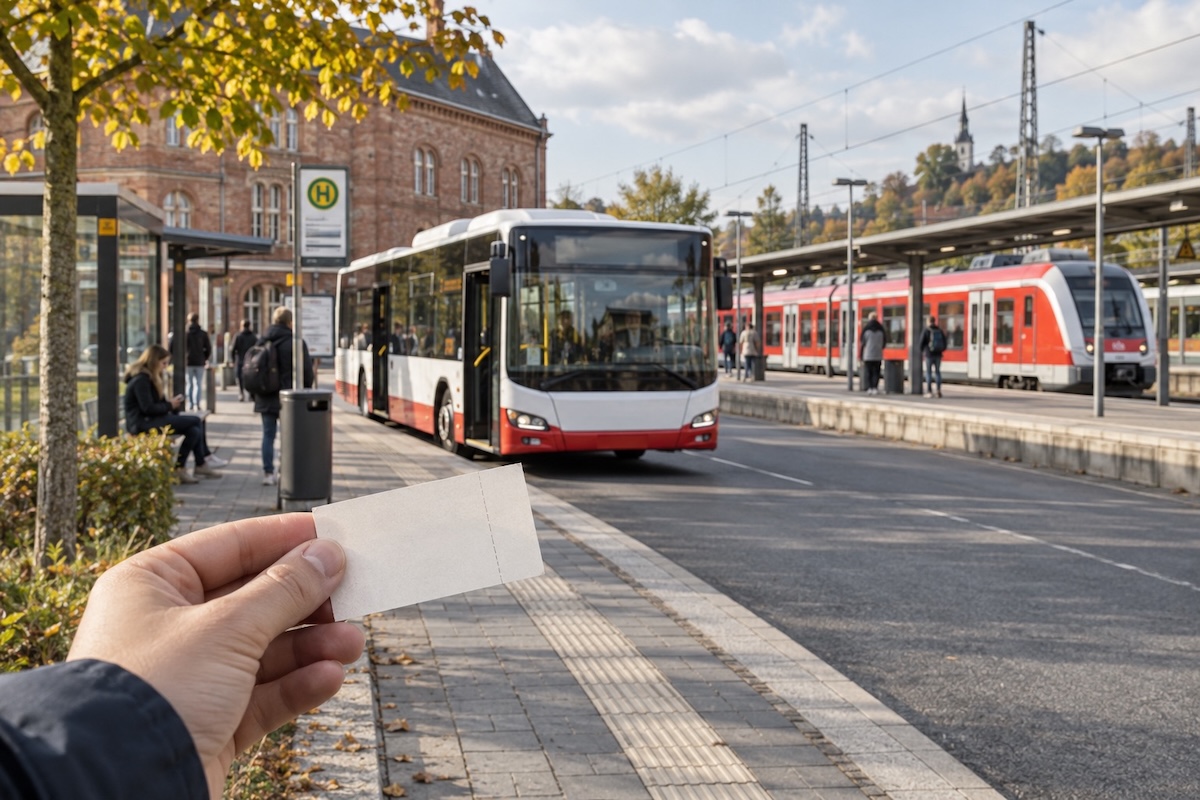 Hand mit Fahrkarte vor einem Linienbus und einem Regionalzug an einem Bahnhof